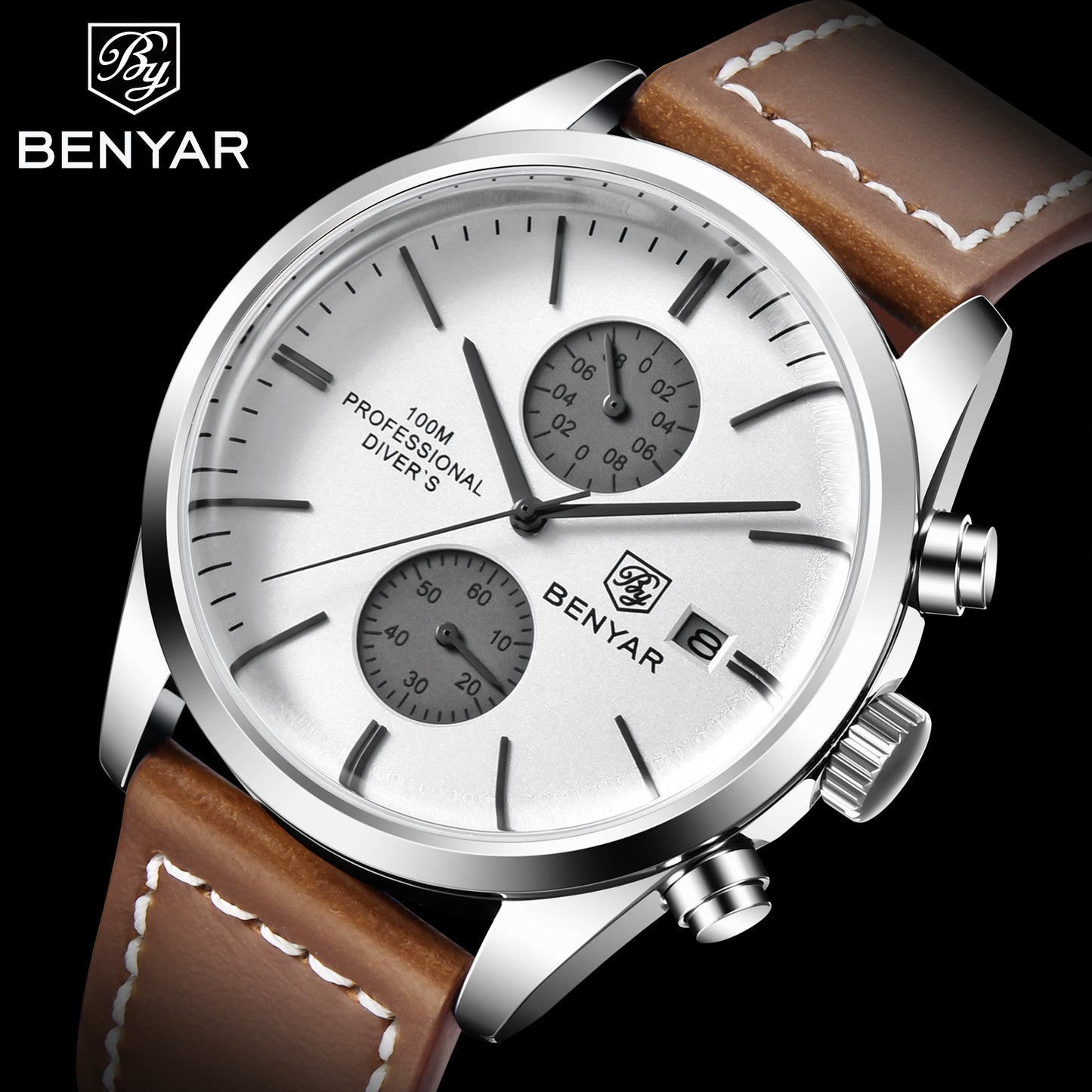 1pc New BENYAR Men's PU Leather Quartz Wristwatch, Men's 100M Multifunctional Watch Military Sports Chronograph Watch For Men
