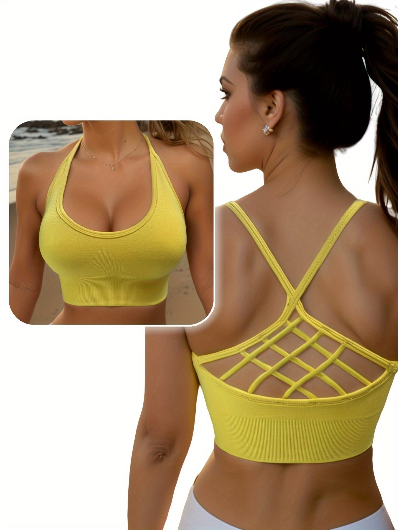Women's Seamless Yoga Cross Back Sports Bra, Solid Color, Hollow Design, Casual Sports Style