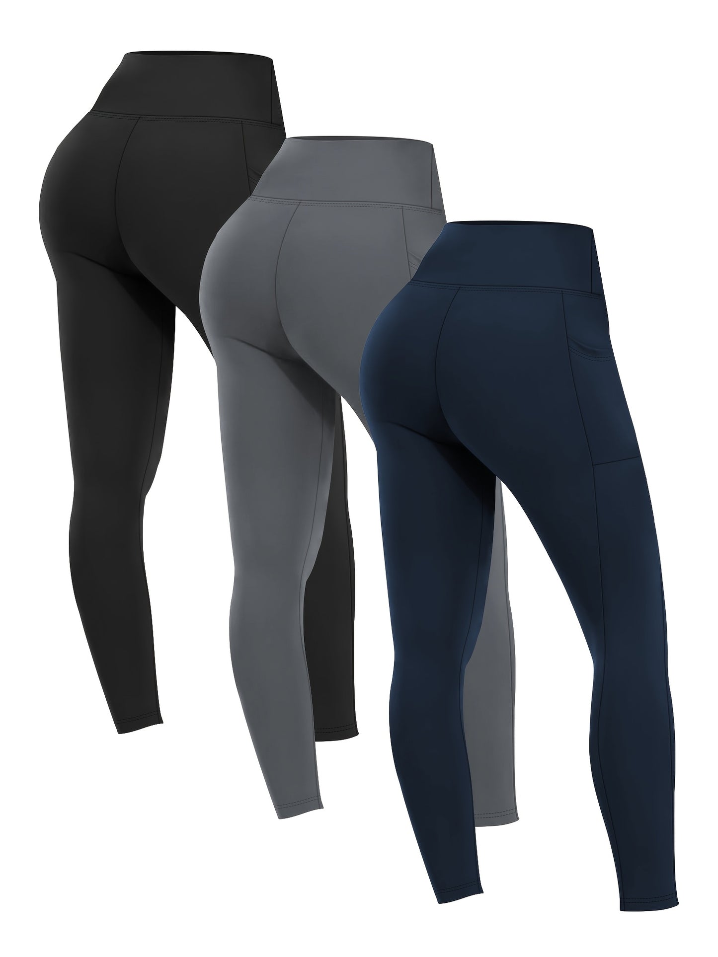 3pcs Set Women's High-Waisted Tummy Control Yoga Leggings - Full-Length Opaque Workout Pants with Pockets, 4-Way Stretch Soft Athletic Gym Pants for Running, Fitness, Yoga & Casual Attire - All-Season Tight Bodycon Leggings (