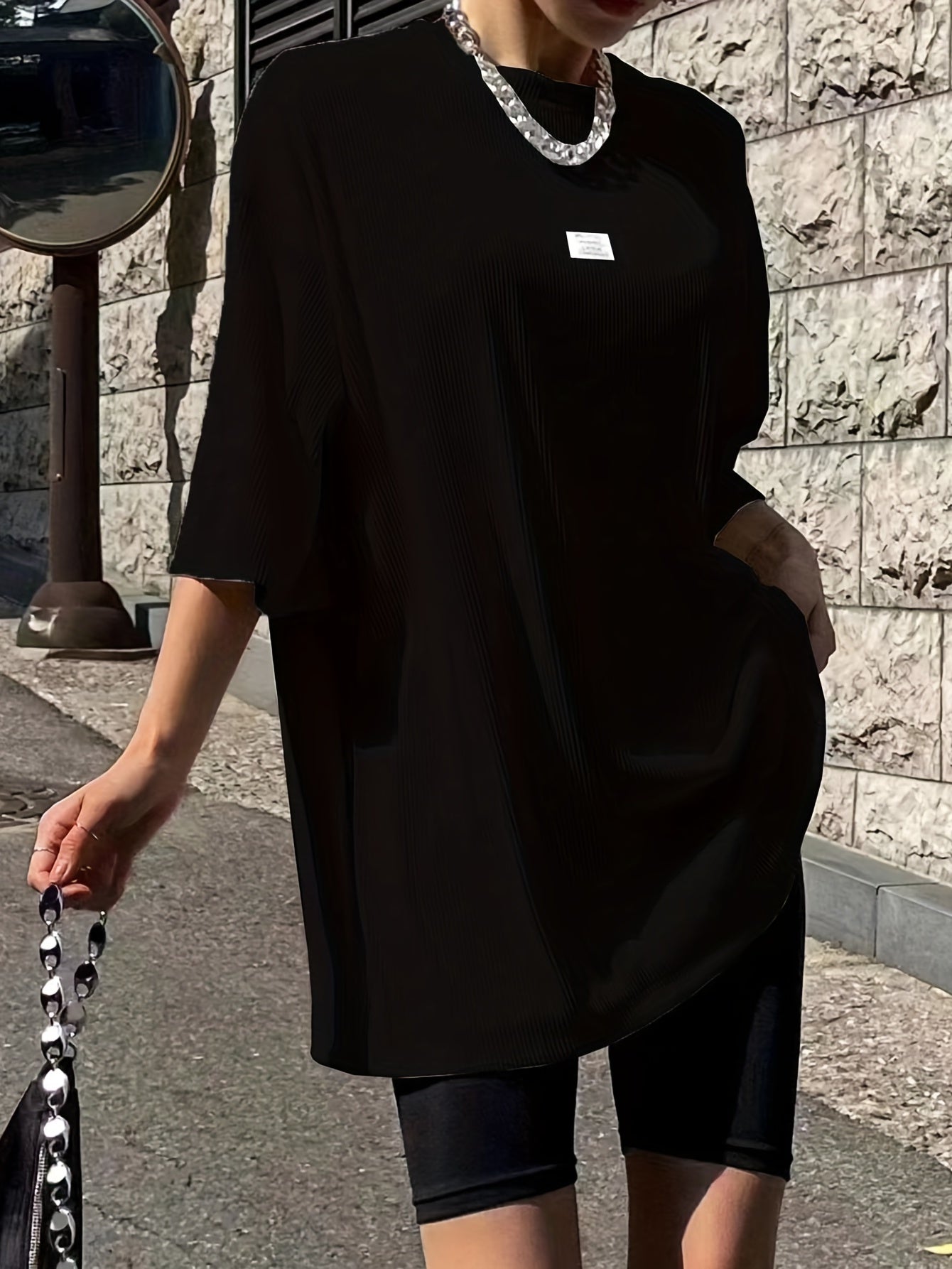 Oversized Drop Shoulder Ribbed T-Shirt, Casual Crew Neck Short Sleeve T-Shirt For Spring & Summer, Women's Clothing