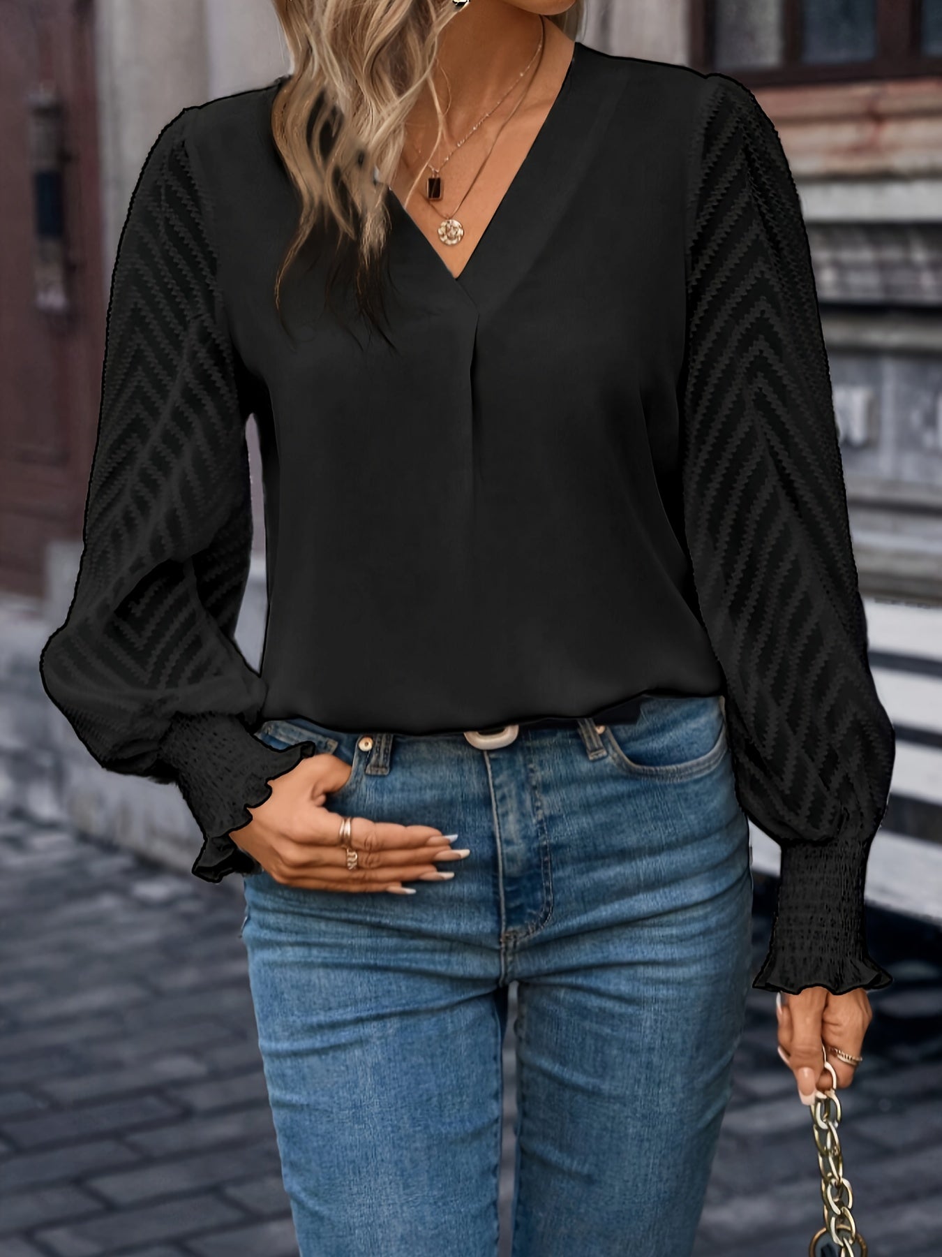 Solid Textured Mesh Splicing Blouse, Elegant V-neck Lantern Sleeve Blouse For Spring & Summer, Women's Clothing