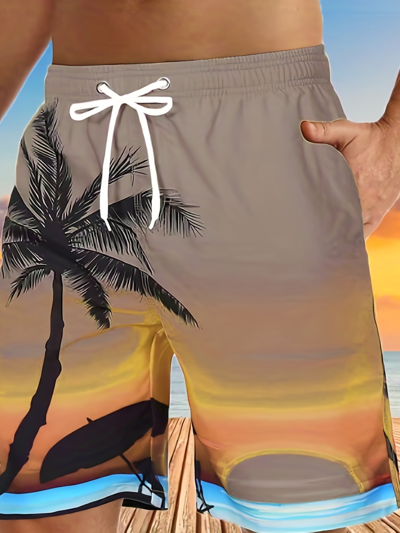 Quick Drying Comfortable Breathable Gradient Palm Tree At Dawn Seaside Drawstring Swim Trunks, Men's Board Shorts Swimwear For Summer Vacation Resort Beach Pool
