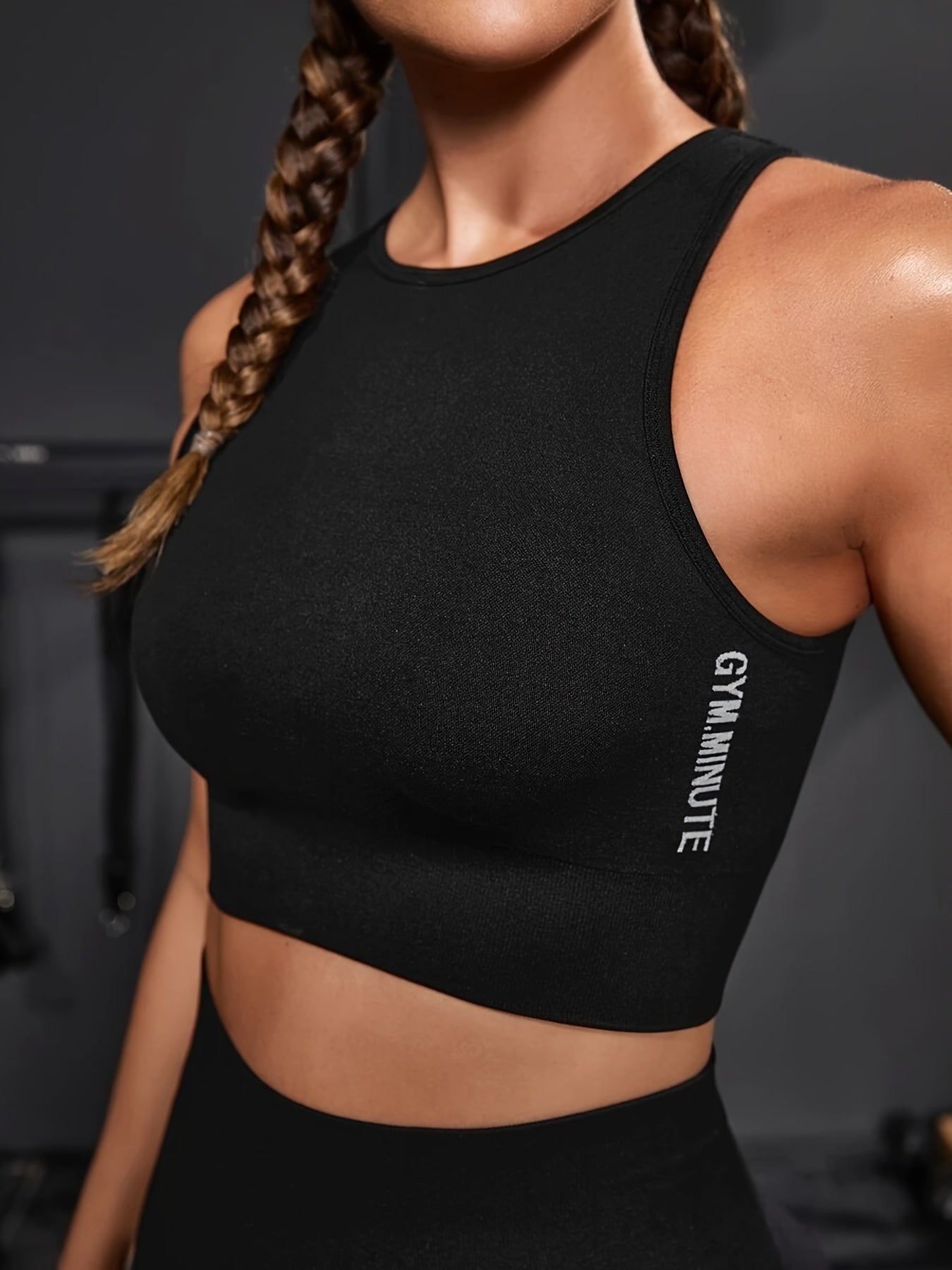 Women's Seamless Yoga Sports Bra Sleeveless Round Neck Medium Support Workout Top - Breathable Stretch Fabric, Letter Design, Machine Washable for Gym Training & Fitness, Activewear Essentials, Stylish Activewear, Durable Con