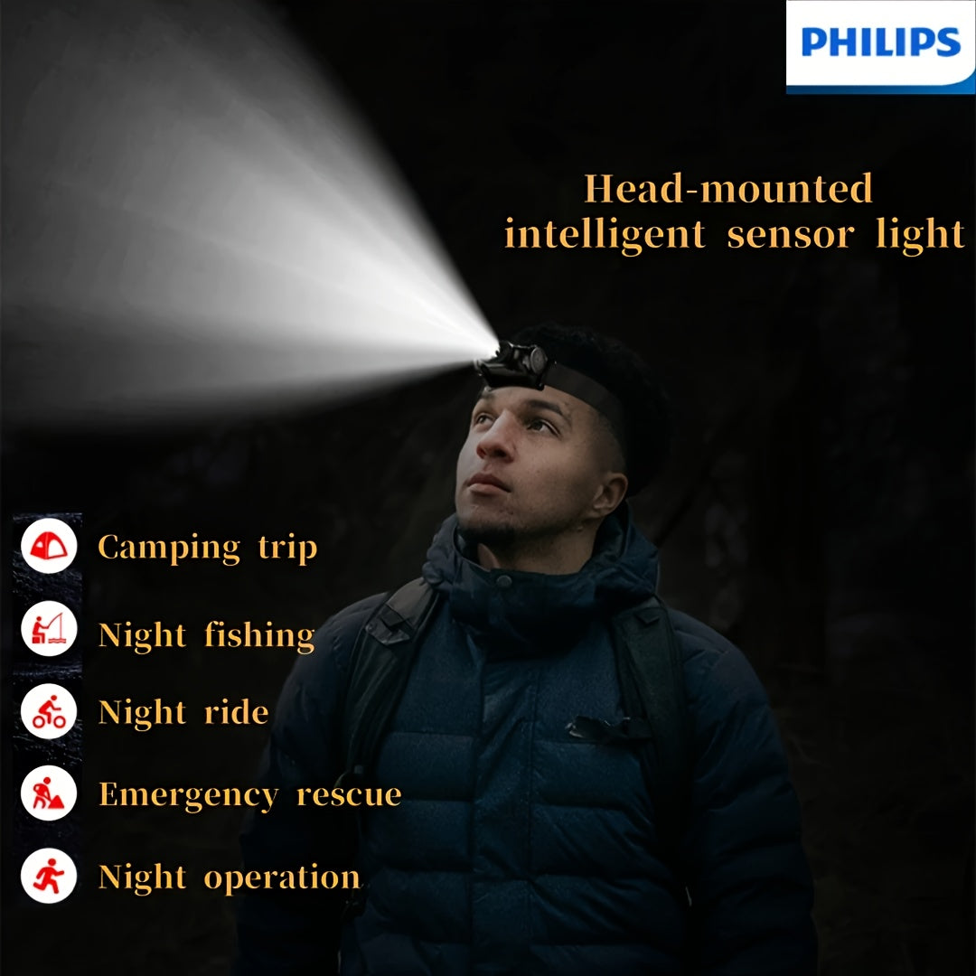 Philips SFL1851 Headlamp, High-Power Charging, Flashlight, Ultra-Bright Sensor Head-Mounted Lighting, Headlamp, Smart Sensing, Smart Battery Level Display, Durable Outdoor Fishing Flashlight, Outdoor/Work/Home Use, Head Flash