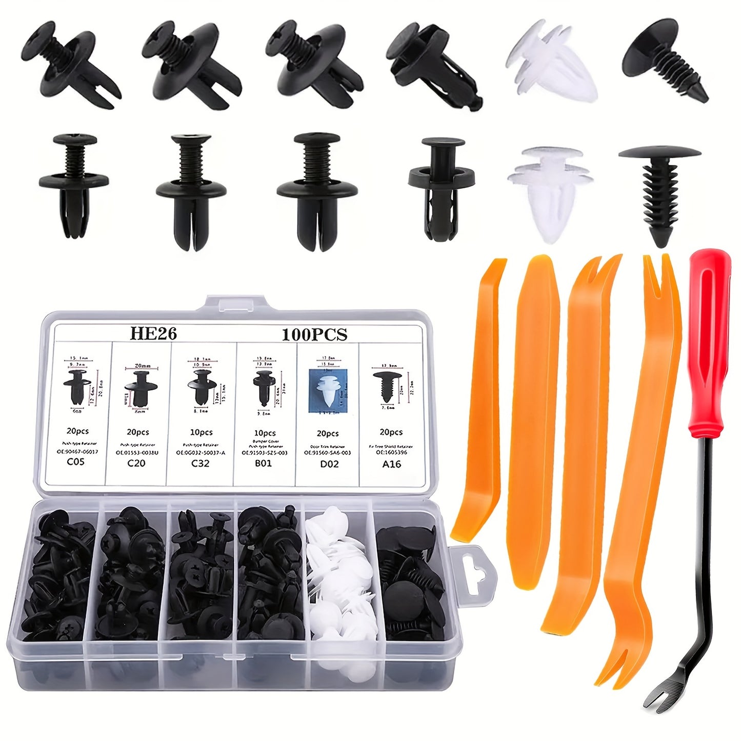105pcs/Set Car Retainer Clips Kit With Fastener Removers, Universal Car Bumper Clips And Fasteners Plastic Rivets, 6 Popular Sizes Of Car Body Fixed Clip Bumpers And Replacement Parts Of Car Fenders, Applicable To Most Models