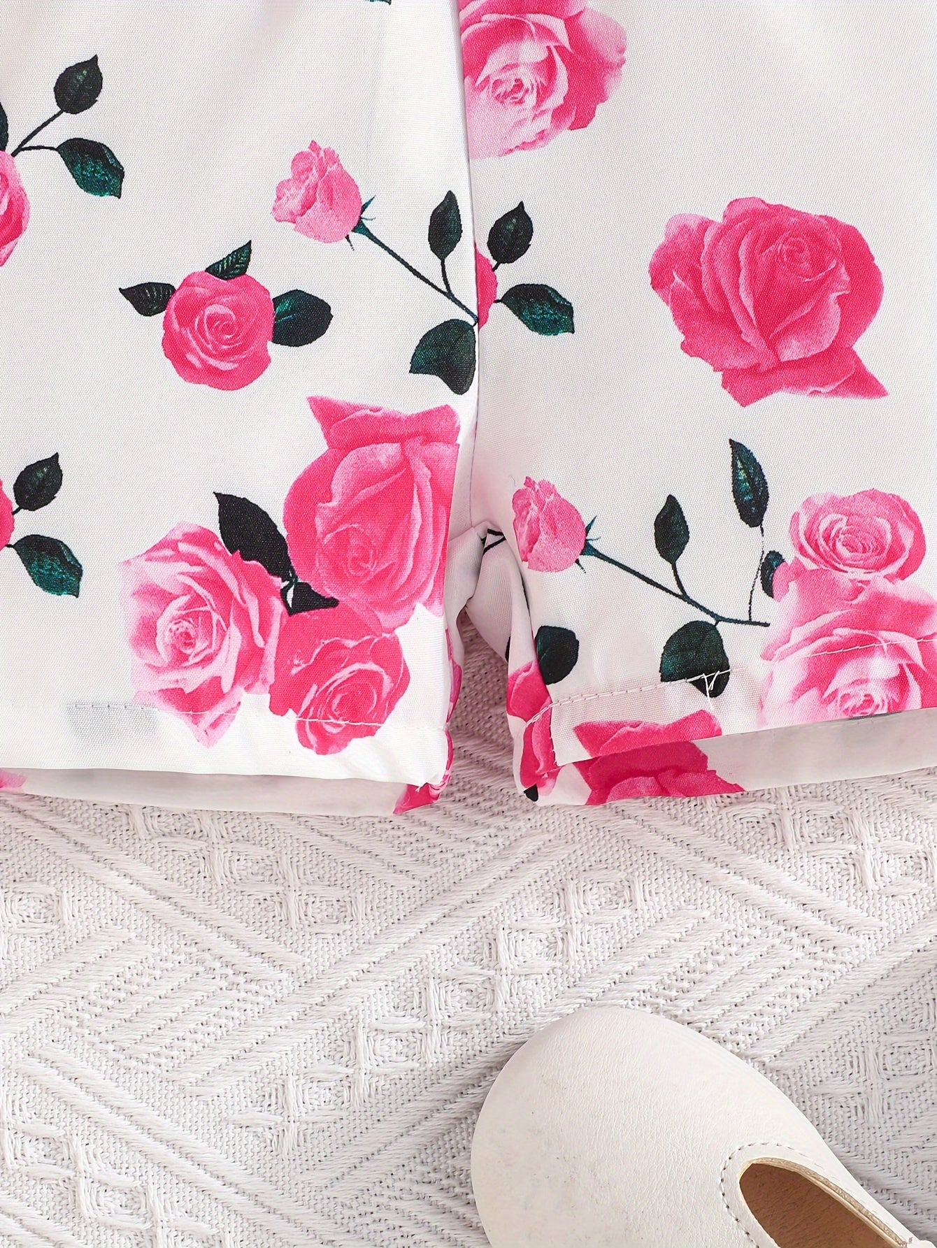 Girls' Summer Casual Floral Print Off-Shoulder Jumpsuit with Adjustable Waist Belt - Lightweight Breathable Shorts for Outdoor Play & Daily Wear, Blue & White Flower Design, Perfect for Weekend Outings, Cute Outfits for Girls