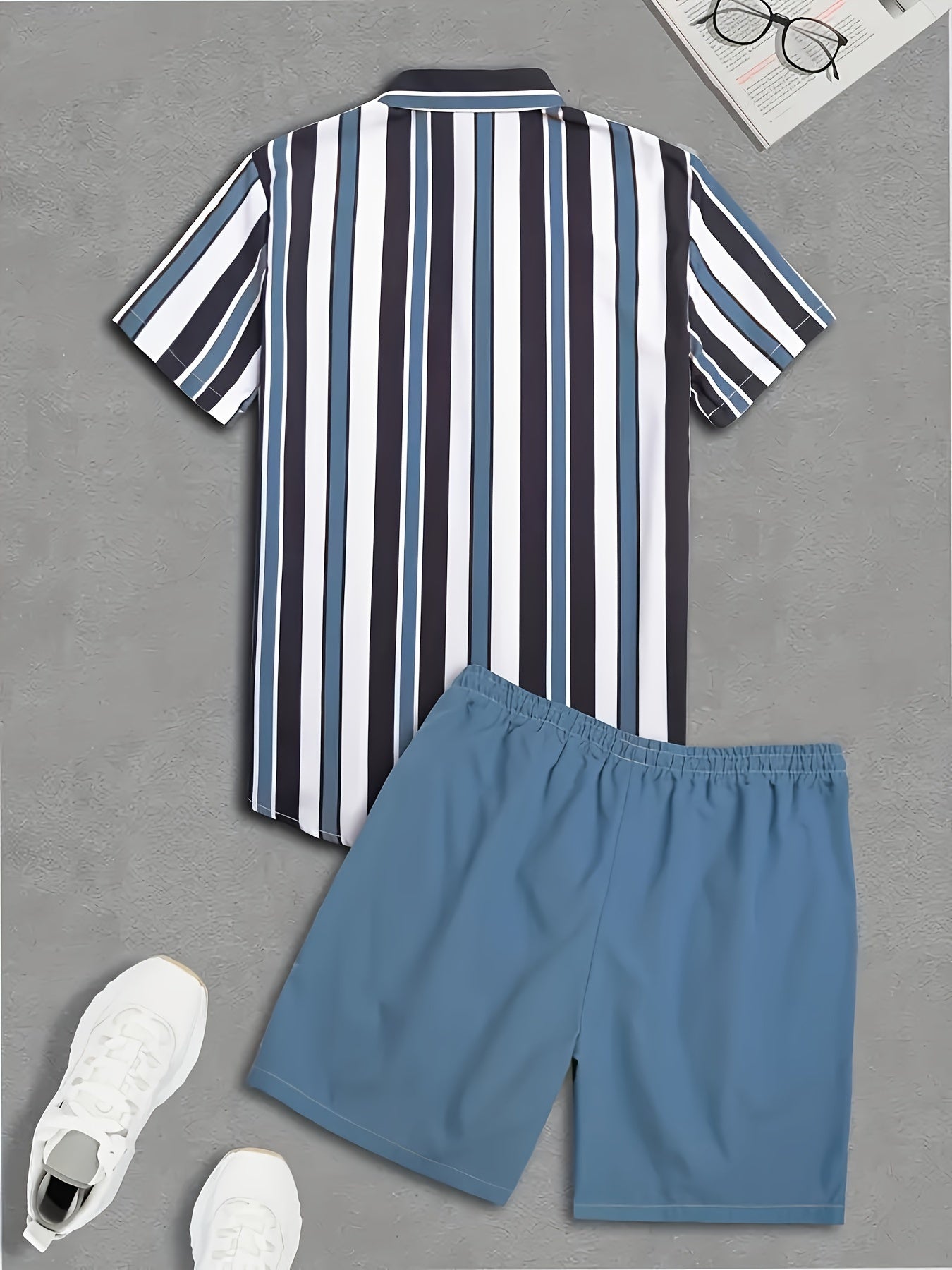 2pcs Men's Stripe Pattern Color Block Short Sleeve Button Shirt & Loose Shorts, Men's Casual Outfit For Summer Vacation
