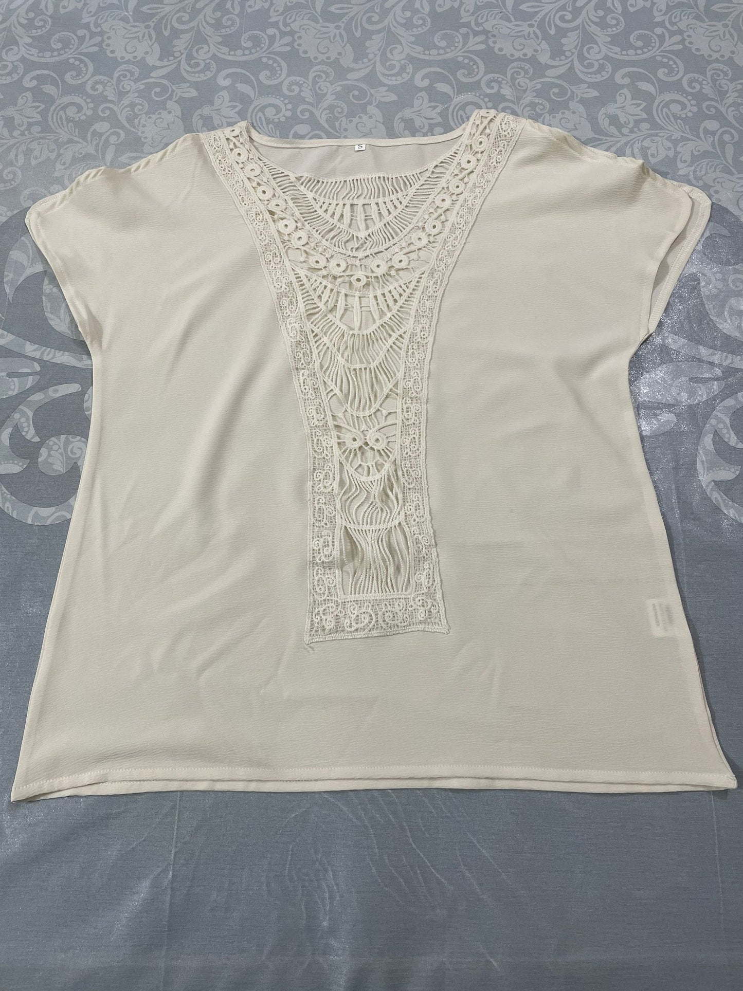 Contrast Lace Crew Neck Blouse, Elegant Solid Split Sleeve Blouse For Spring & Summer, Women's Clothing