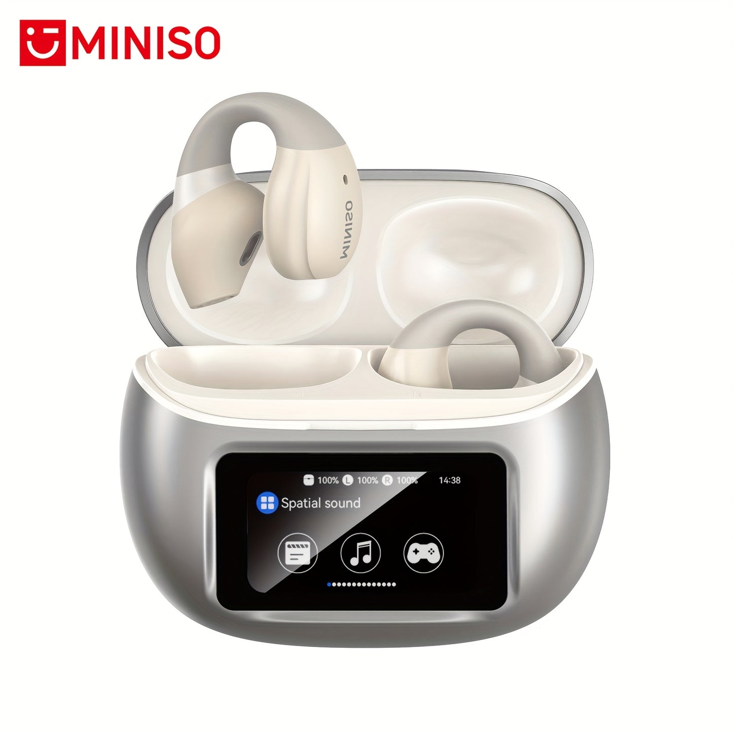 Miniso X29 Open-Ear Wireless Earbuds with Touch Screen & Full Color Display, HiFi Sound, Long Range Wireless Headphones, -C Charging Case, Built-in Mic, Compatible with / Smartphones, Compatible with 150+ Apps (Spanish/Englis