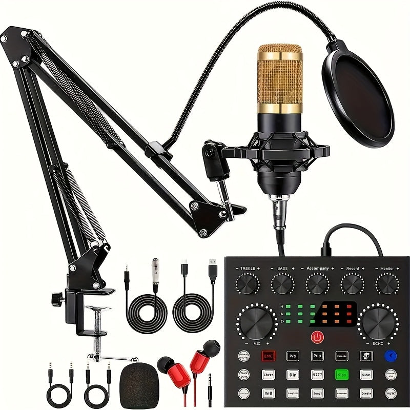 All-in-One Streaming Audio Kit with BM800 Microphone, V8S Mixer, and Multiple Accessories - Durable Metal Body, USB/Power Supply, Noise Cancellation, One-Click Sound Effects, Dual Device Connection, Ideal for Podcasting, YouT