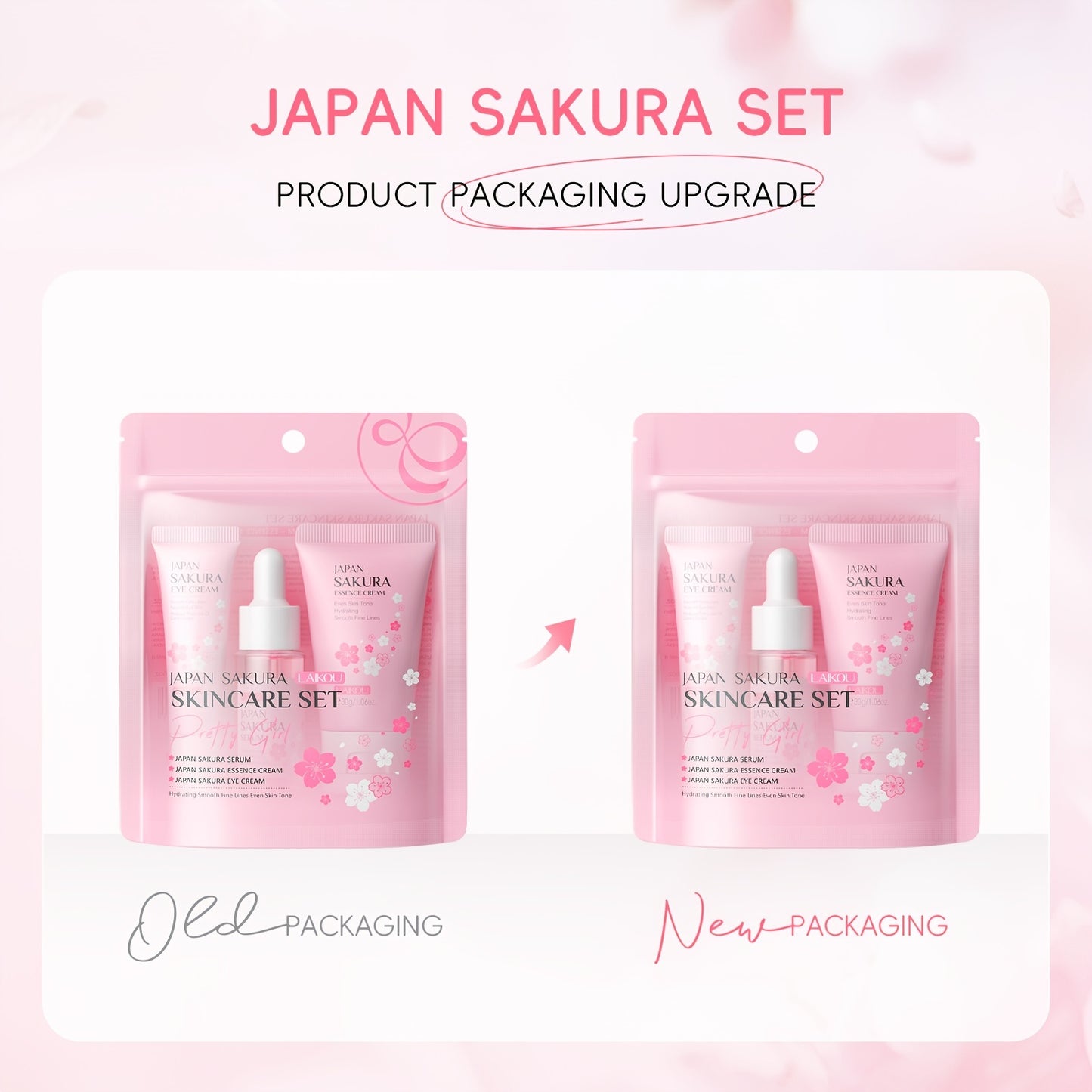 3pcs Set LAIKOU Japanese Cherry Blossom Skin Care Set 3 Piece Serum Liquid Eye Cream Face Cream Skin Care Kit Gifts