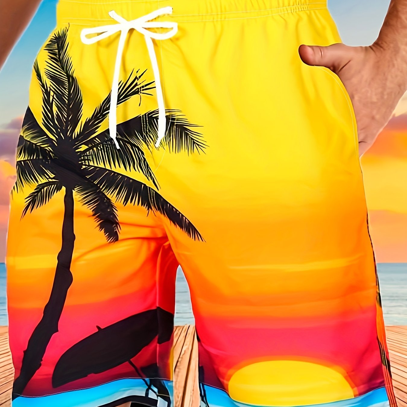 Quick Drying Comfortable Breathable Gradient Palm Tree At Dawn Seaside Drawstring Swim Trunks, Men's Board Shorts Swimwear For Summer Vacation Resort Beach Pool