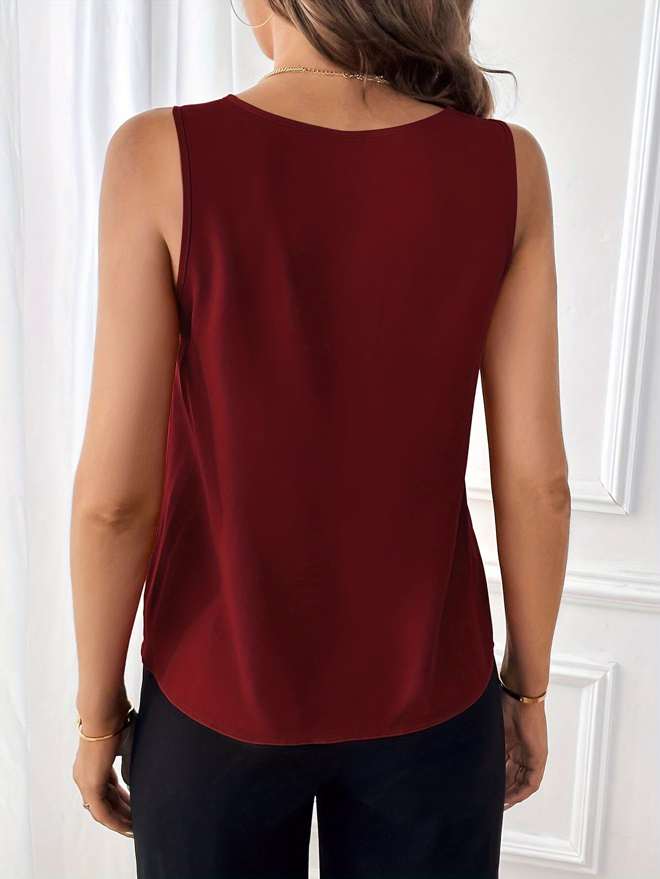 Solid Color V Neck Blouse, Casual Sleeveless Button Detail Tuck Top For Spring & Summer, Women's Clothing