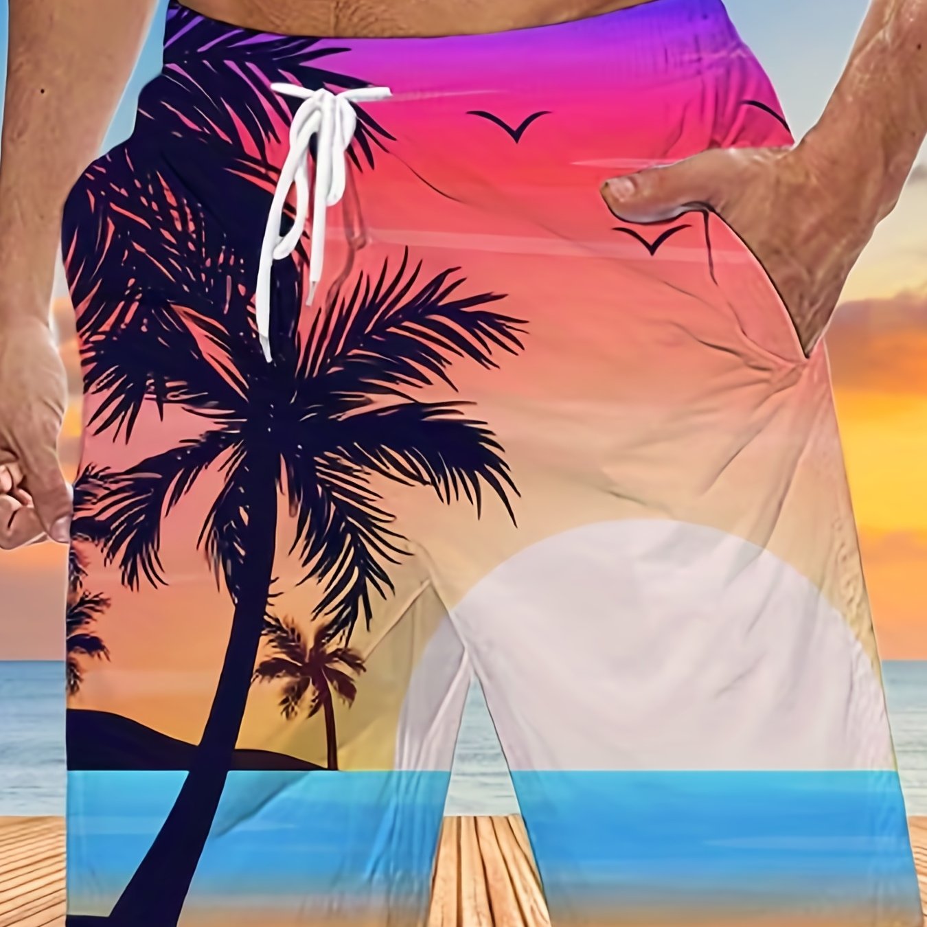Quick Drying Comfortable Breathable Gradient Palm Tree At Dawn Seaside Drawstring Swim Trunks, Men's Board Shorts Swimwear For Summer Vacation Resort Beach Pool