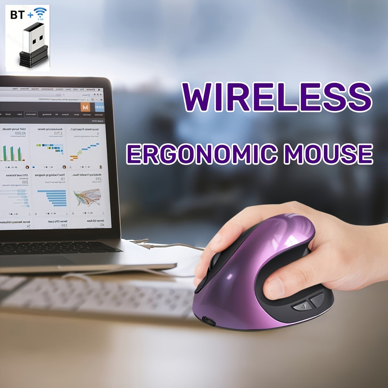 Rato Vertical Ergonómico Sem Fios Dual Mode BT & 2.4GHz