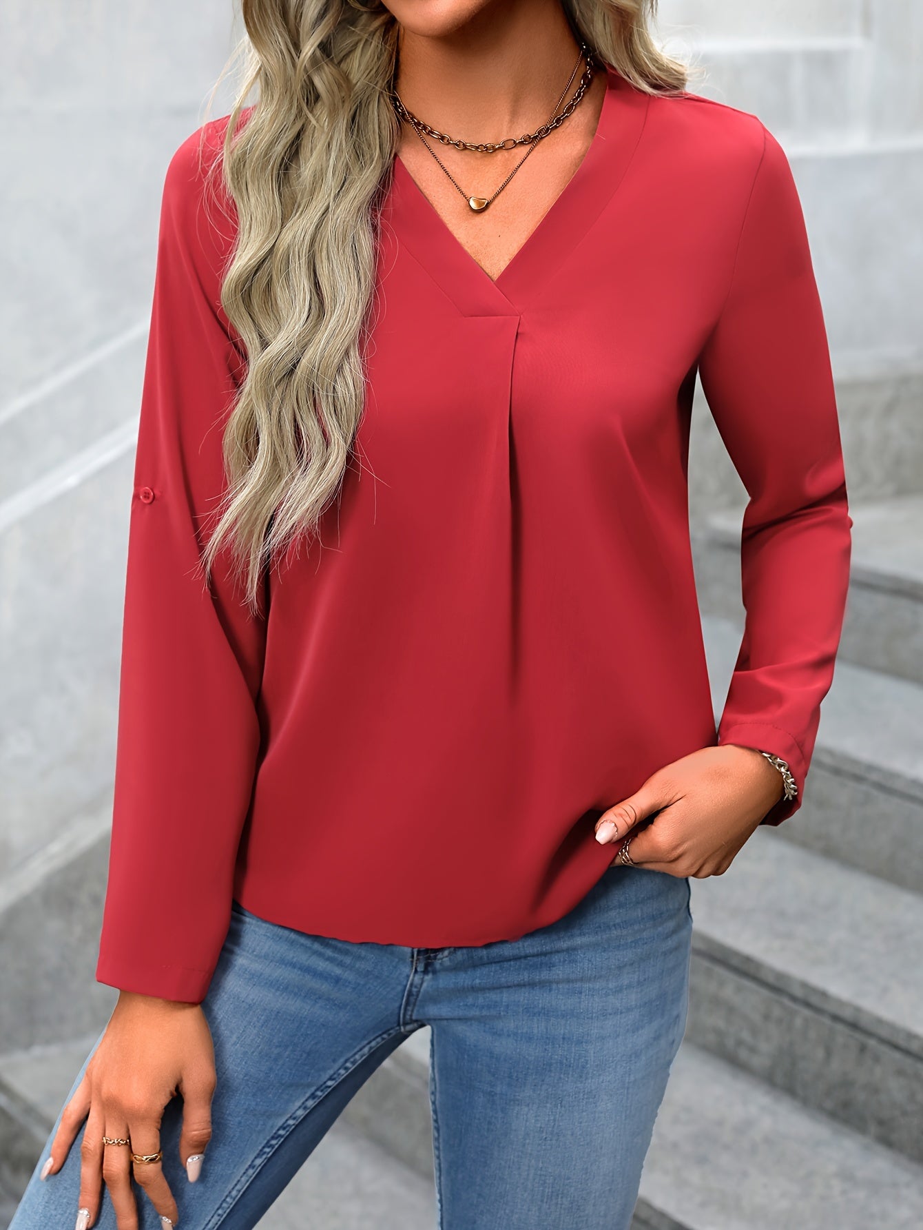 Solid Color V Neck Blouse, Casual Long Sleeve Blouse For Spring & Fall, Women's Clothing