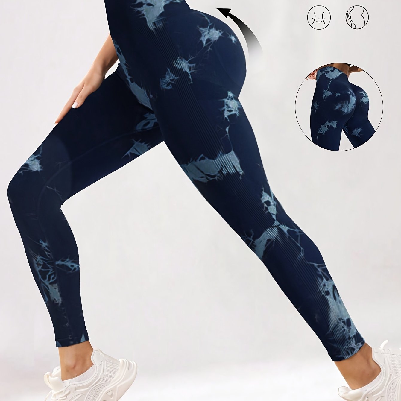 Women's High-Waisted Tummy Control Compression Leggings - Seamless Tight-Fit Gym Pants with Ombre Blue Tie-Dye Print, Full-Length Non-Sheer (Machine Washable, All-Season), for Women, Trendy, Stretchy Fabric, Wear, Lifestyle