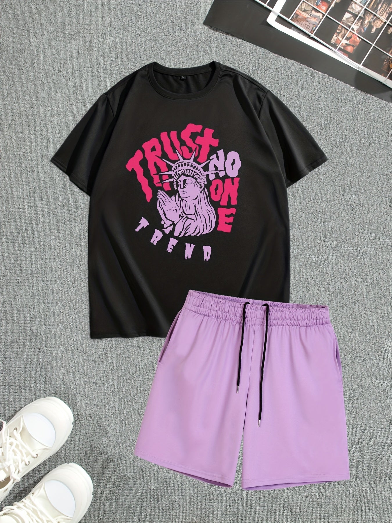Men's Street Style Summer 2PCS Outfits, Male's Trend TRUST Graphic Short-sleeve Crew Neck T-shirt Drawstring Shorts Set, Casual Clothes For Men