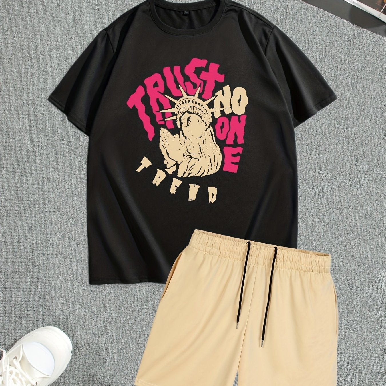 Men's Street Style Summer 2PCS Outfits, Male's Trend TRUST Graphic Short-sleeve Crew Neck T-shirt Drawstring Shorts Set, Casual Clothes For Men