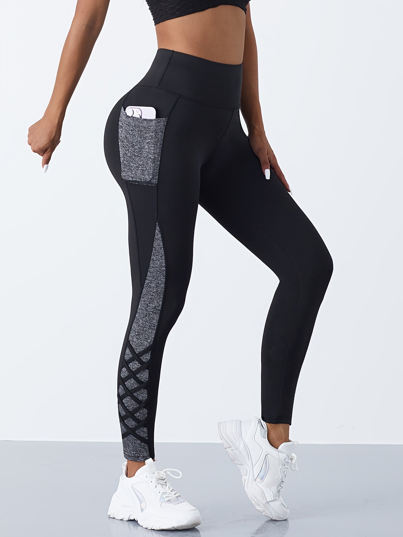 Women's High-Waisted Yoga Pants - Non-See-Through Workout Leggings with Side Pocket, Stretchy Gym Running Pants for Pilates, Cycling, Everyday - Machine Washable Athletic Bottoms (Black/Blue)