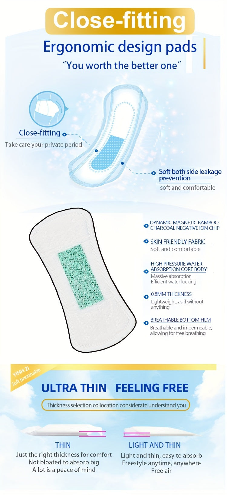 Bamboo Charcoal Negative Ion Pad 20/40/50/100 Pieces, Ultra-thin Wing Sanitary Napkins, Comfortable, Soft, And Fragrance Free Wing Menstrual Care Pad, Independently Packaged Women's Physiological Pad, Women's Personal Care Hy