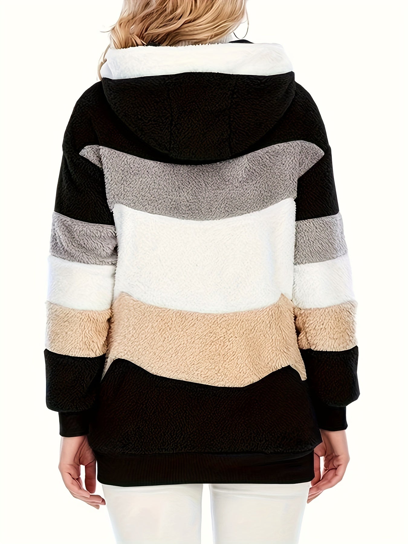 Women's Plush Faux Fur Hooded Jacket - Loose Fit Color Block Coat with Blue/Beige/White/Black Design, Long Sleeve Winter Warmth, Machine Washable for Casual & Formal Outfits, Ladies Winter Coats, Autumn Layering Piece, Formal