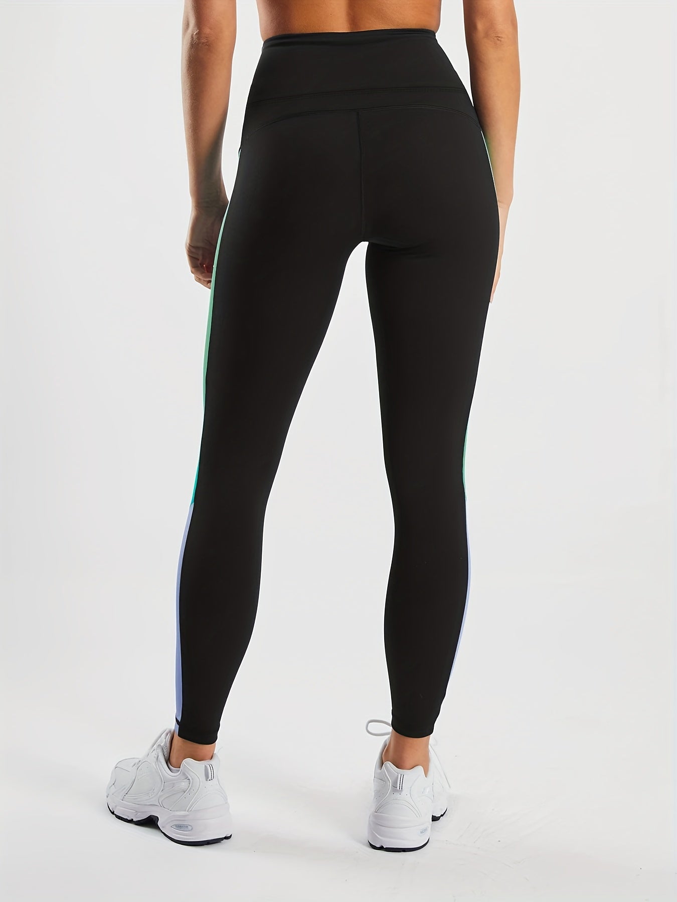 Women's High-Waisted Yoga Leggings - Full-Length Black with Neon Green & Blue Vertical Stripe Contrast, Breathable Stretchy Workout Pants for Gym, Pilates, Running, Tennis | Spring/Fall Casual Athletic Wear, Machine Washable
