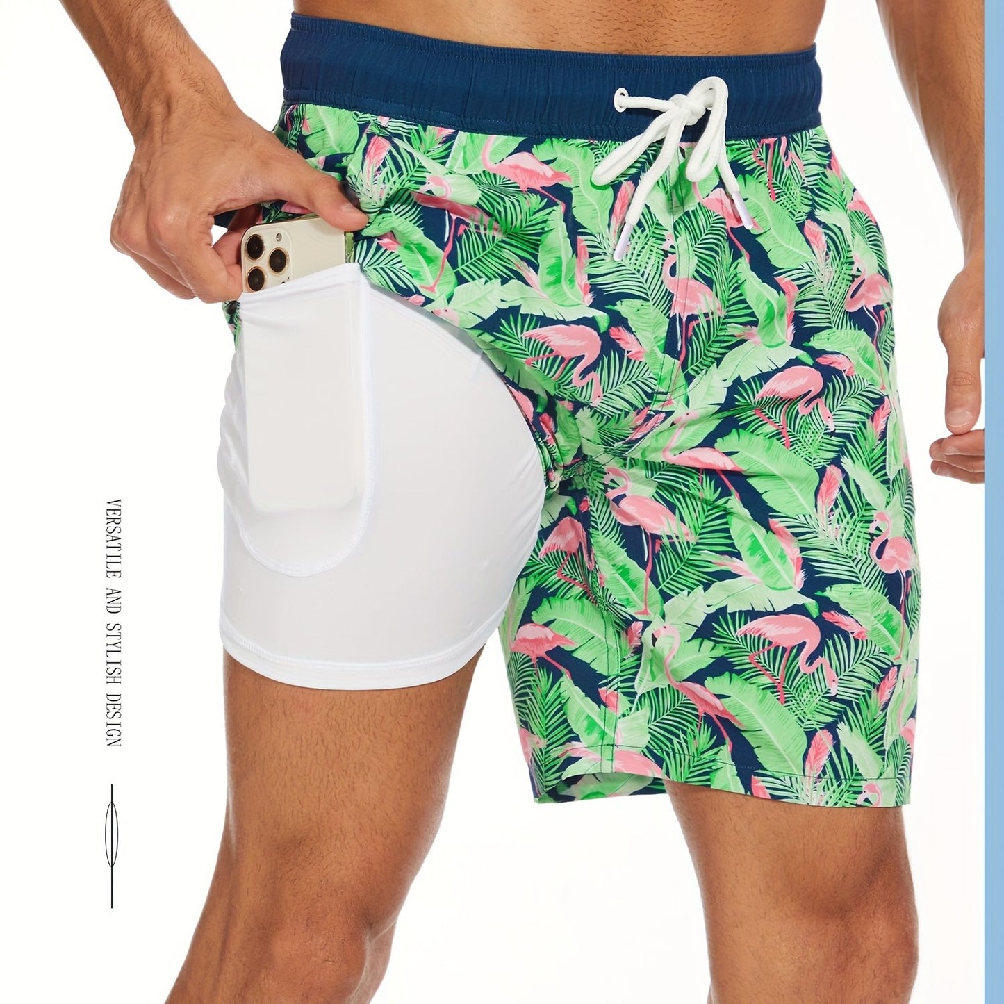 Men's Quick-Dry Beach Shorts with Tropical Palm Tree & Palm Leaf Print - Breathable Stretch Fabric for Summer, Outdoor, Hiking, Swimming - Machine Washable Casual Athletic Shorts, Outdoor Activewear, Summer Shorts