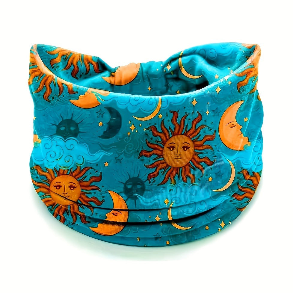 Boho Headband Sun Moon Printed Hair Band Wide Stretchy Sweatband For Yoga Running Headdress For Women