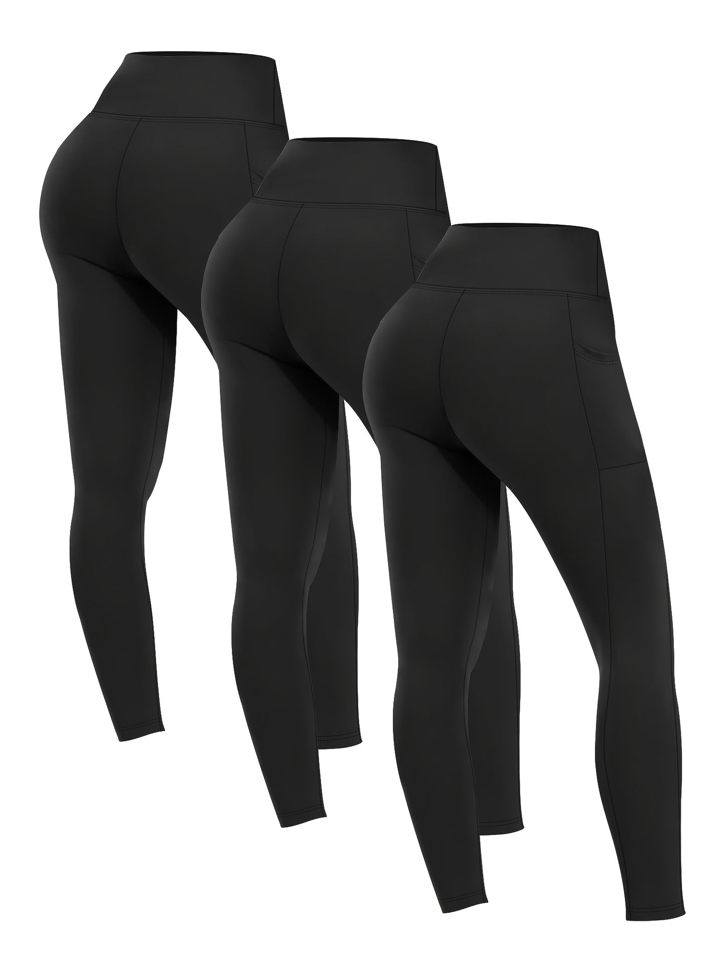 3pcs Set Women's High-Waisted Tummy Control Yoga Leggings - Full-Length Opaque Workout Pants with Pockets, 4-Way Stretch Soft Athletic Gym Pants for Running, Fitness, Yoga & Casual Attire - All-Season Tight Bodycon Leggings (