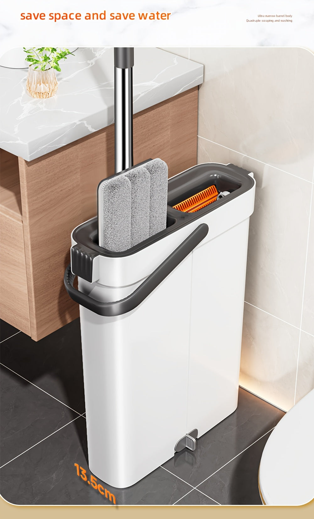Gray Flat Mop + Narrow Slot Cleaning Bucket Set, Hand-free Lazy Mop Mover, Wet And Dry One Mop Cleaner, Household Cleaning Tool, Send Replacement Cloth, Suitable for Living Room, Bedroom, Kitchen, Bathroom, Toilet, Commercial
