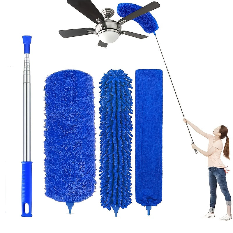 Microfiber Duster with 254.0 cm Telescopic Extension Pole Kit for High Ceilings, Cleaning Fan Spider Webs, Reusable and Washable Lightweight Ceiling Fan Nets, Blinds