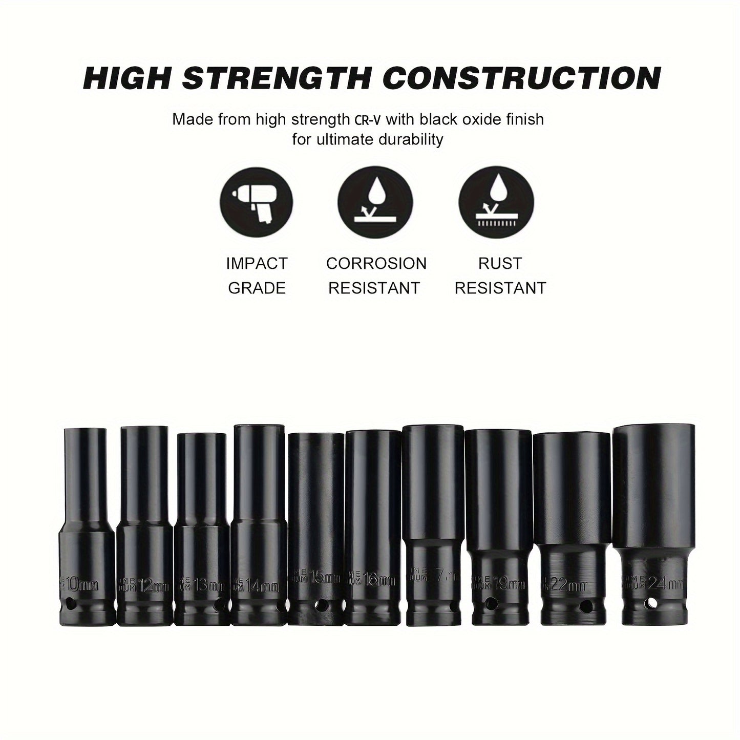 1 Set Heavy-Duty Impact Socket Set, Deep Drive Carbon Steel Sockets, Mechanical Operation, No Power Required, Ideal For Auto Repair And Maintenance