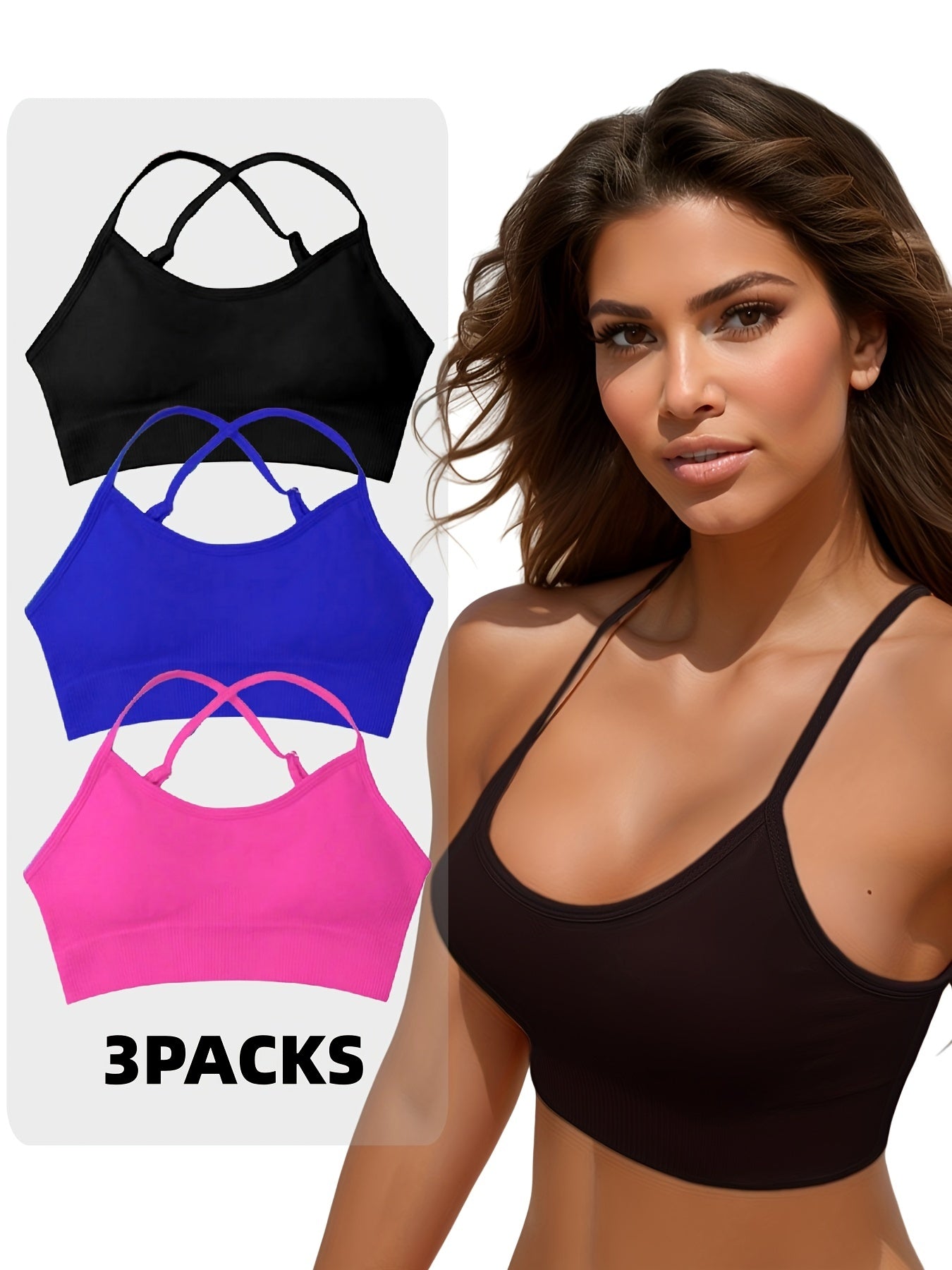 3 pcs Breathable Criss Cross Sports Bra for Women - Sleeveless Yoga Crop Top with Adjustable Straps - Perfect for Fitness and Activewear