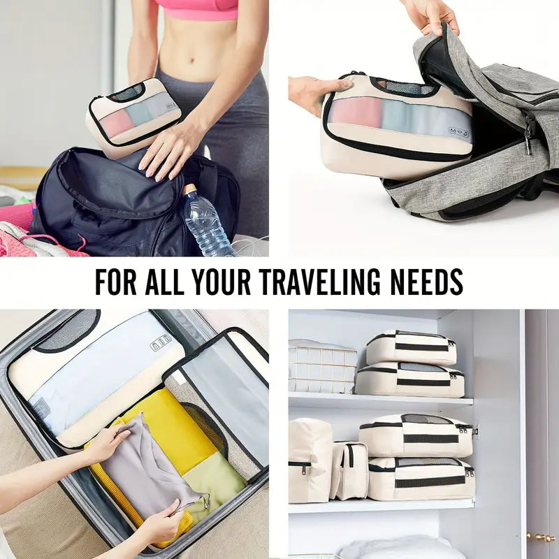 8pcs Compression Packing Cubes Set - Premium Luggage Organizers with See-Through Windows, Space-Saving Travel Storage System with Laundry Bag, Polyester, Zipper Closure, Casual Style, Ideal for Apparel, Travel Accessories|Cas
