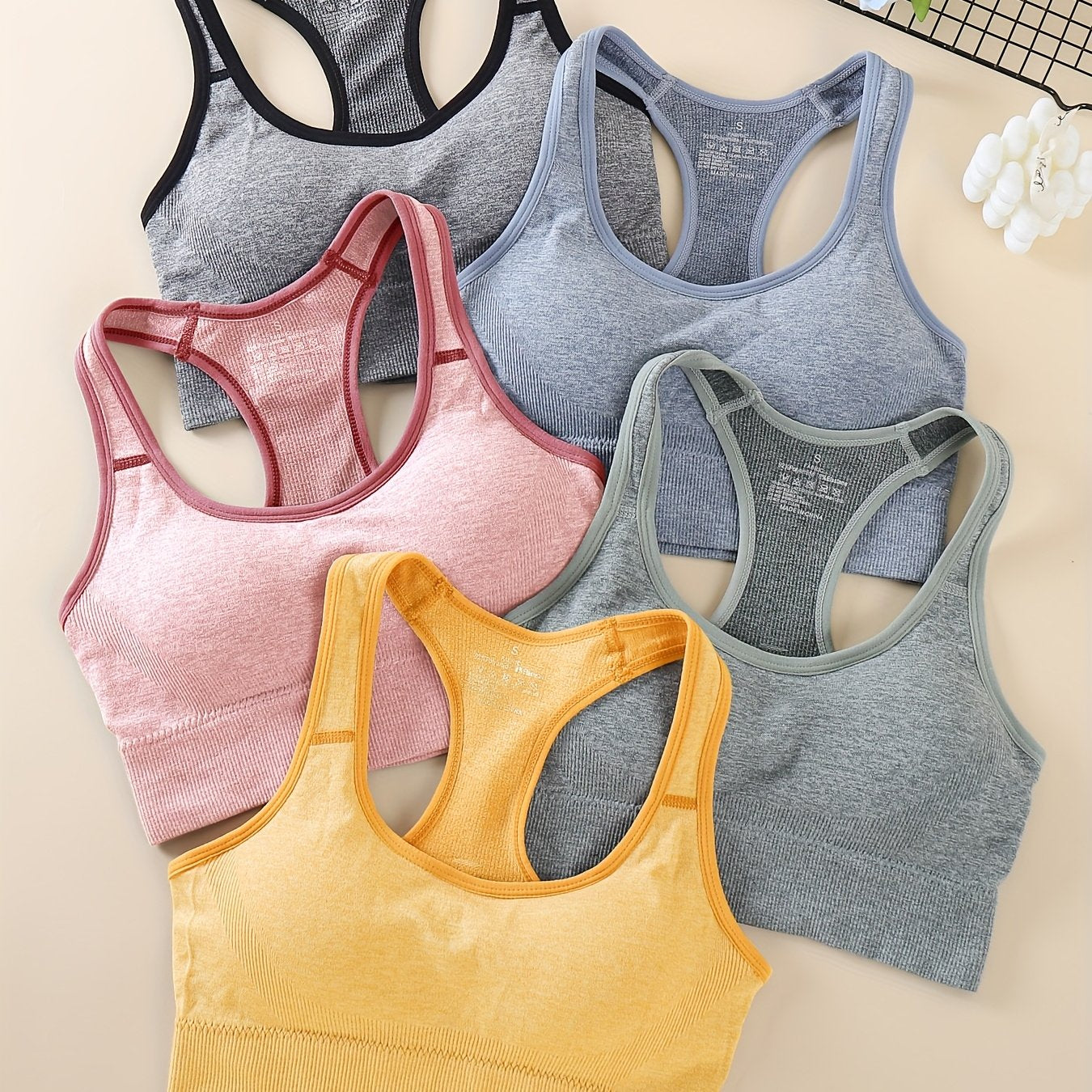 5pcs Women's High-Support Sports Bras - Removable Padding & Back Panel, Full-Coverage Tummy Control, Breathable Yoga Gym Bras with Multi-Color Options (Black/Dark Grey/Navy/Beige/Pink) - Moderate Lift for Heavy Breasts, Hand