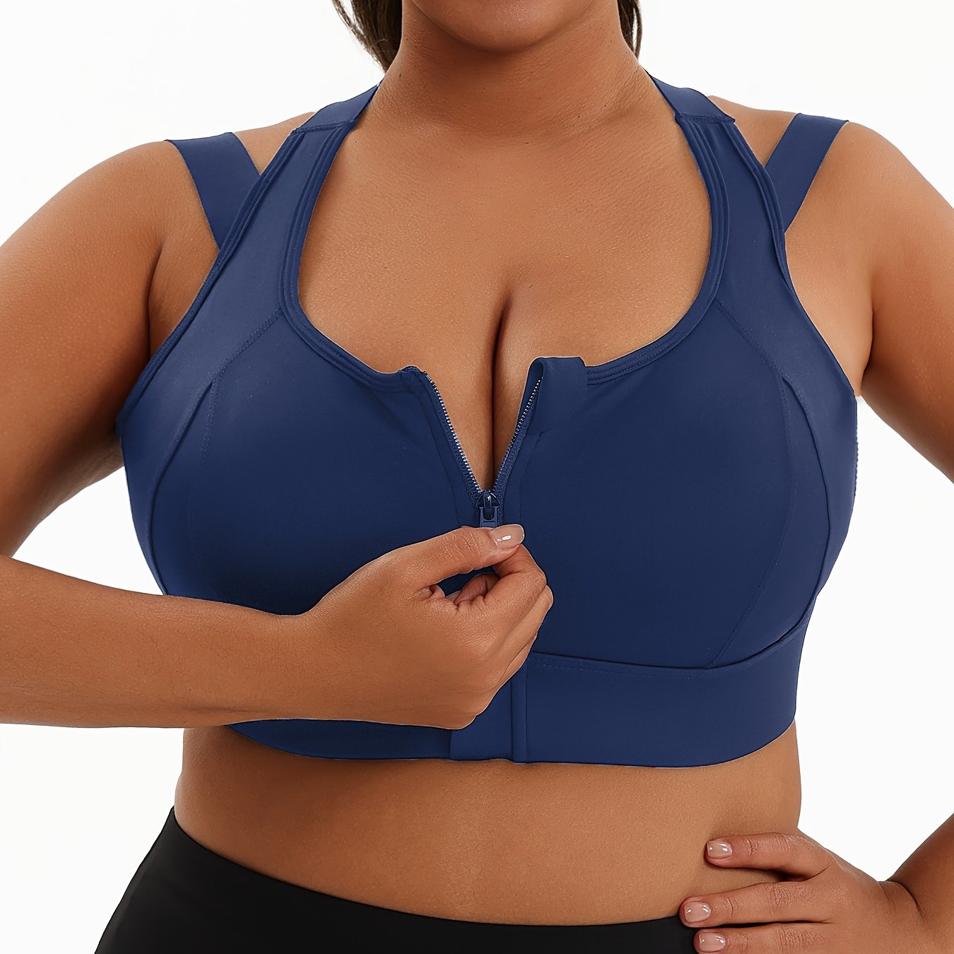 Women's Plus Size Sports Bra, Front Zip Closure, High Support Fitness Active Wear, Breathable Comfortable Lingerie, For Basketball Yoga Sports, Simple Look