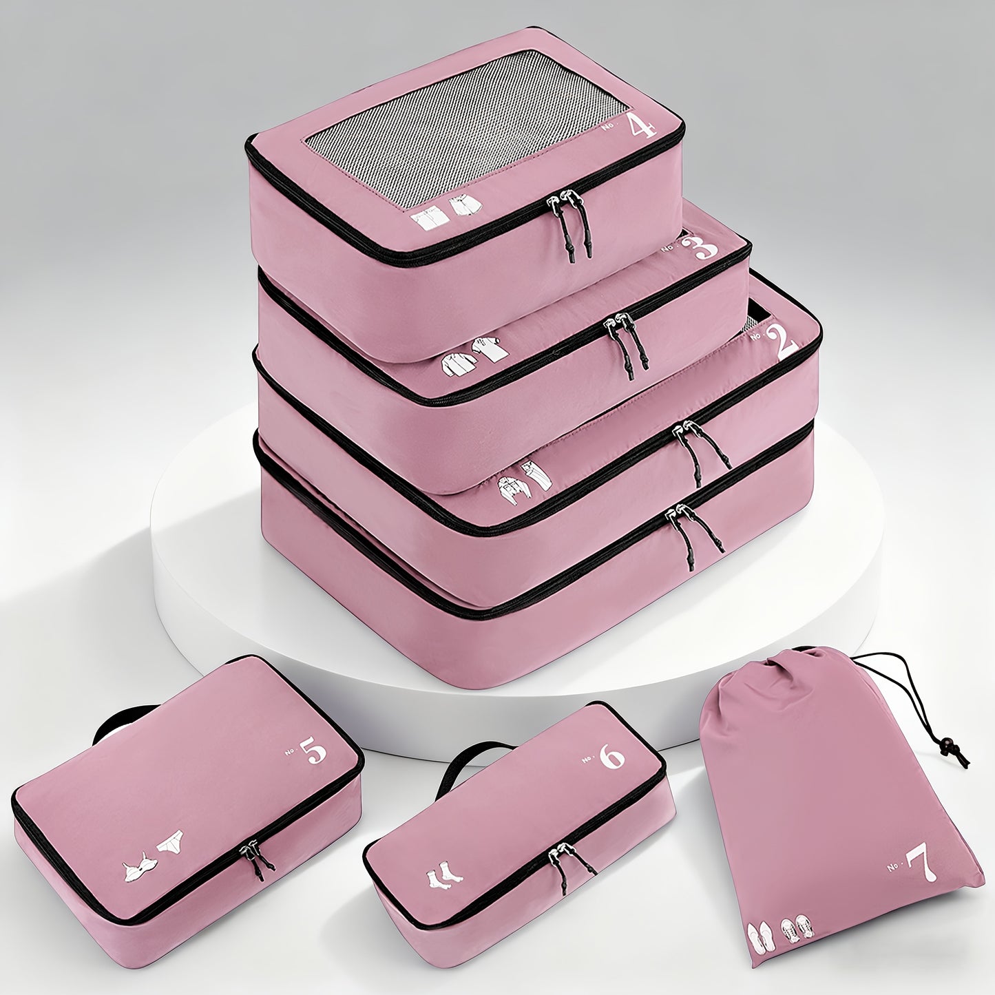 7pcs All-in-One Luggage Organizer Set with Shoe Bag & Laundry Pouch - Heavy-Duty Travel Packing Cubes, Zippered Compartments, Space-Saving Design for Suitcase, Backpack, Business Trip, Vacation, Camping - Machine Washable, Re