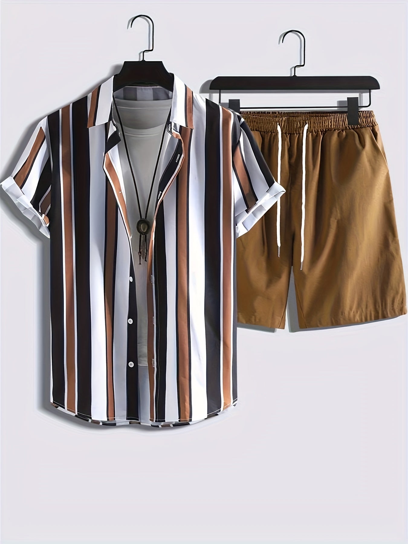 2pcs Men's Stripe Pattern Color Block Short Sleeve Button Shirt & Loose Shorts, Men's Casual Outfit For Summer Vacation