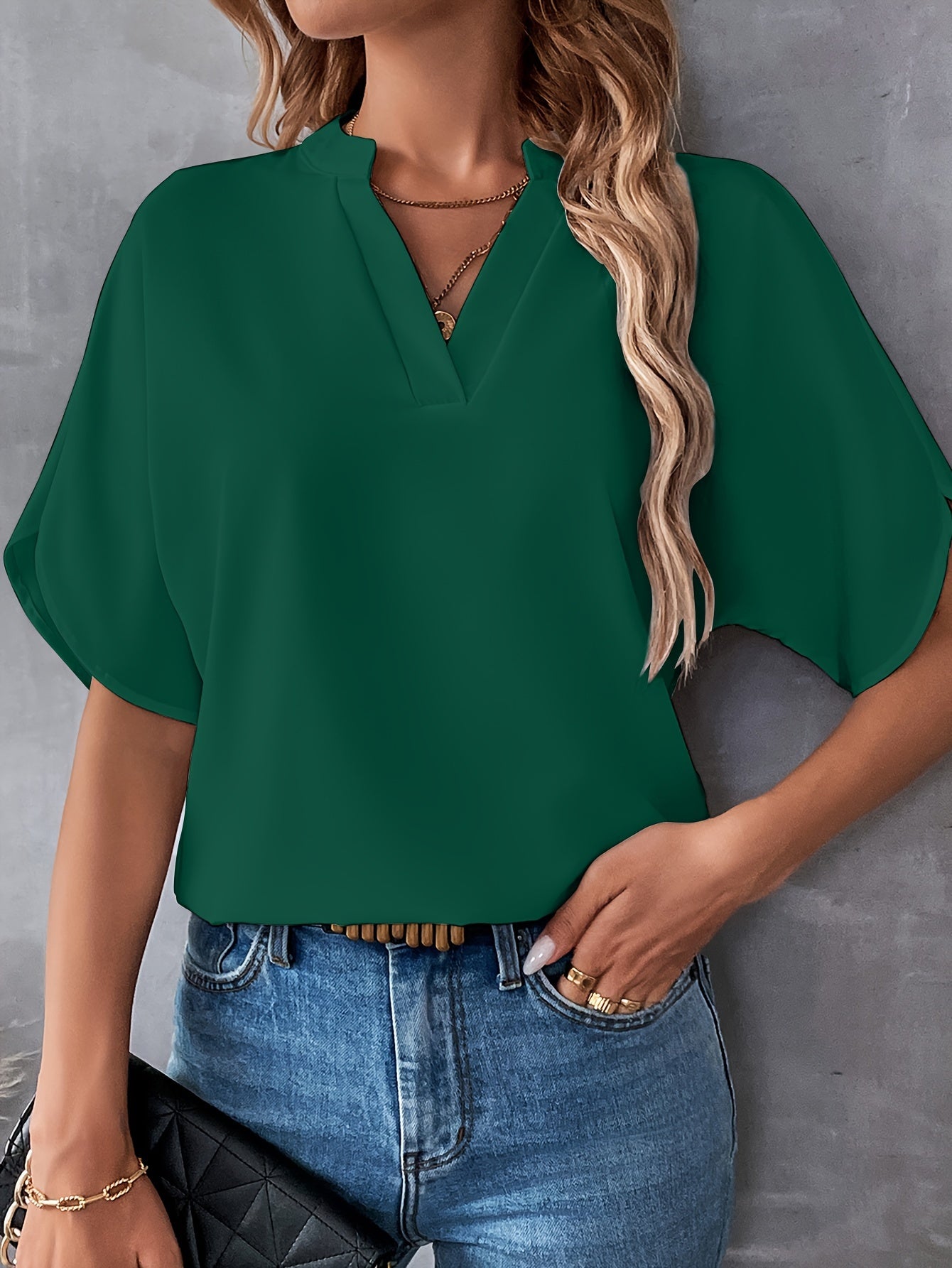 Solid Color Notch Neck Blouse, Casual Short Split Sleeve Blouse For Spring & Summer, Women's Clothing