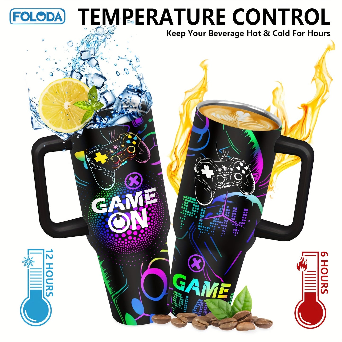 Foloda 1pc 40oz Gaming Mug Tumbler, Gamer Gifts For Men, Gifts For Gamers Men Boys, Cool Gaming Gift, Game Mug, Gifts For Game Lovers Stainless Steel Cup With Handle Lid Straw, Tumbler For Outdoor Camping Travel Accessories B