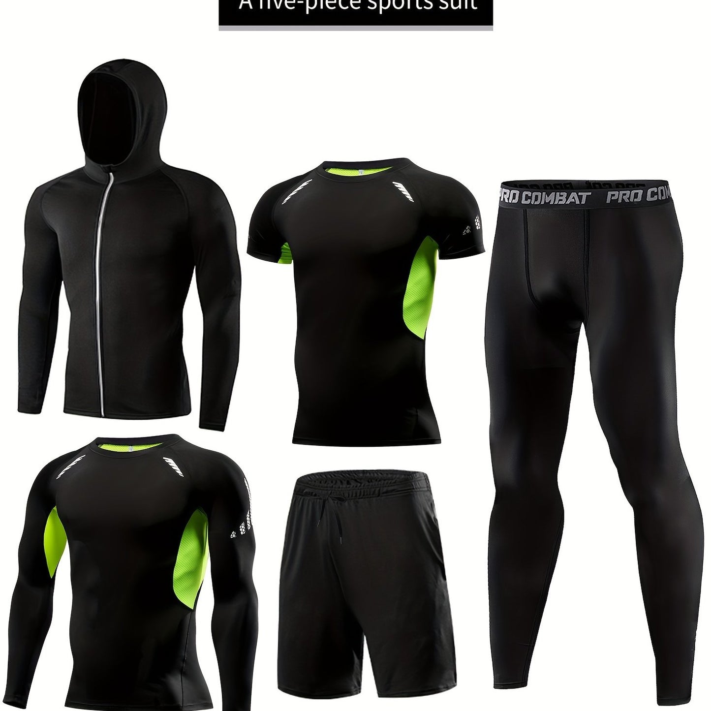 Xinso Prince 5pcs Men's Zip Up Hooded Jacket & Compression T-shirt & Long Sleeve Workout Top & Shorts & Leggings For Fitness