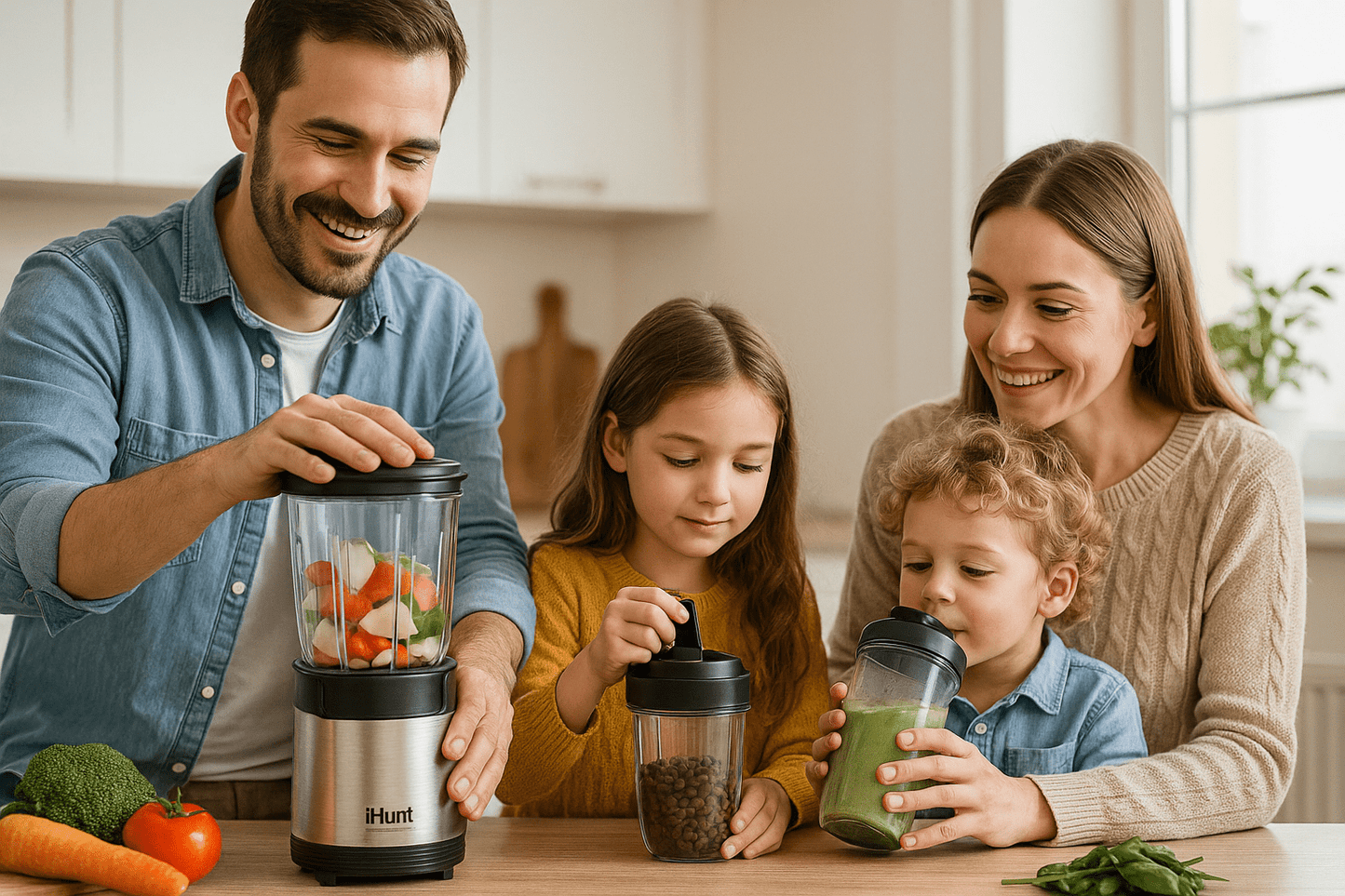 Multi Blender iHunt Bro 4-in-1, 900W, 18000 RPM, 1L, 6 Blades, Grinding, Smoothie Maker, Ice Crushing, 7 Accessories Included