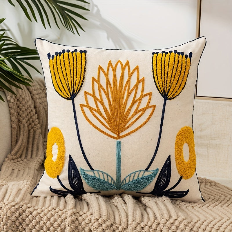 1pc Boho Floral Embroidered Pillow Case - Soft and Stylish Living Room Decor for Couch, Bed, and Sofa - 17.7 x 17.7 Inches