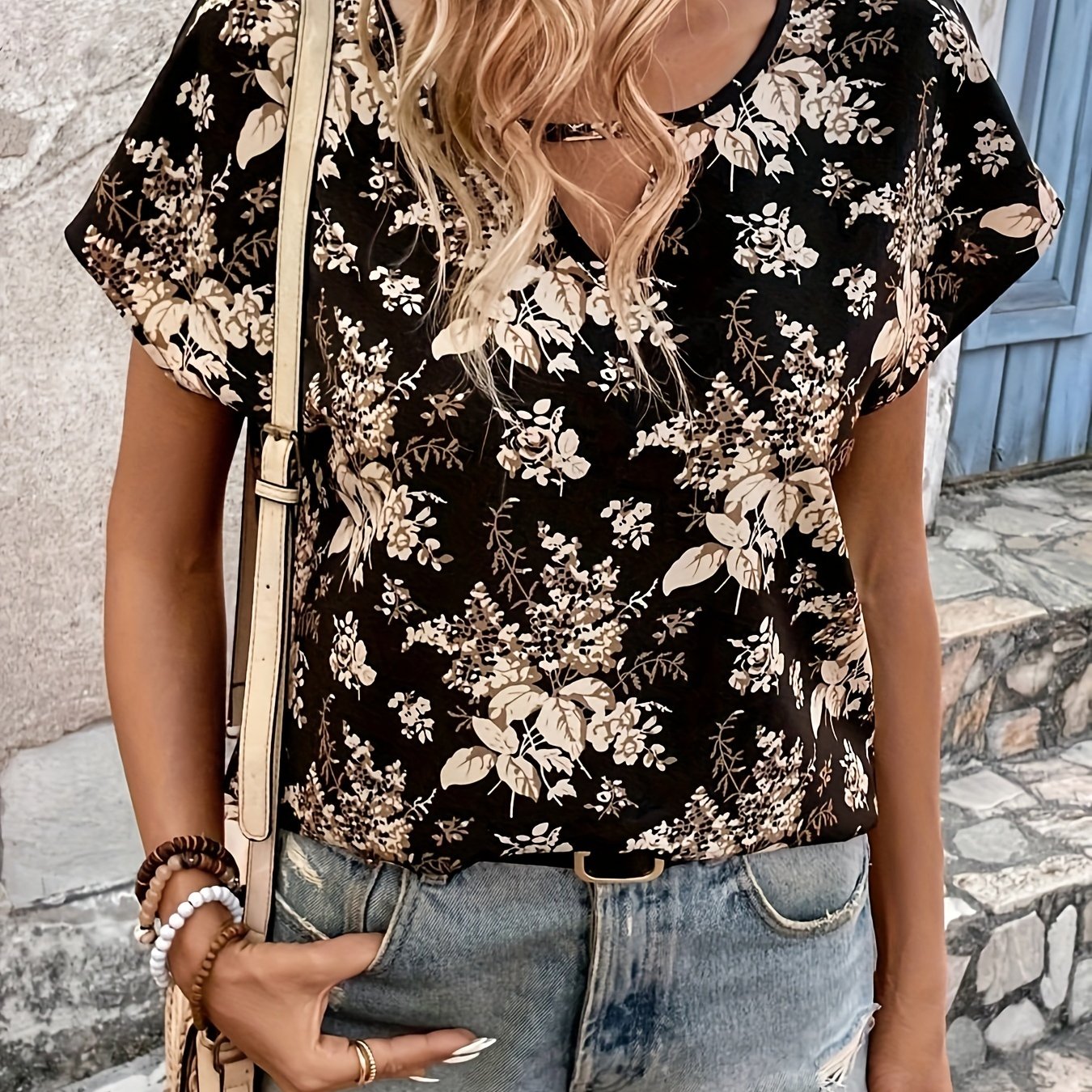 Vintage Graphic Print Cut Out Blouse, Casual Batwing Sleeve Blouse For Spring & Summer, Women's Clothing