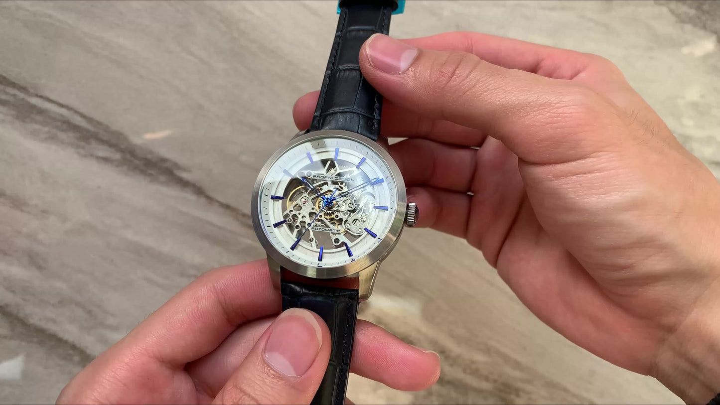 Pagani Design 2023 Men's Automatic Skeleton Watch, Self-Winding, Stainless Steel, Leather Strap, Pointer Series, Water Resistant To 100 Meters Sports Leather Watch