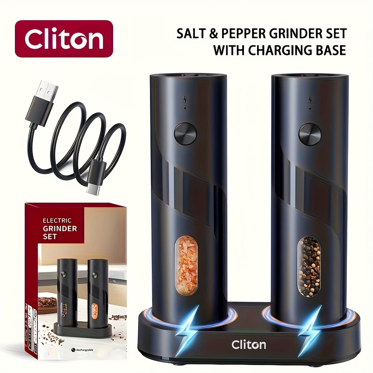1pc or 2pcs Rechargeable Electric Salt & Pepper Grinder with LED Light - Automatic Salt & Pepper Mills, USB Charging, Adjustable Coarseness, 110ml Large Capacity, Ideal for Kitchen & Dining Use, Kitchen Spice Mill | Modern Ki