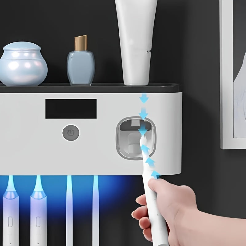 1pc Smart Toothbrush Sanitizer with Automatic Toothpaste Dispenser, Wall-Mounted UV Sterilization Holder, 5-Slot Storage, Durable Plastic, USB Rechargeable Lithium Battery, Bathroom Organization and Home Decor, Toothbrush Hol