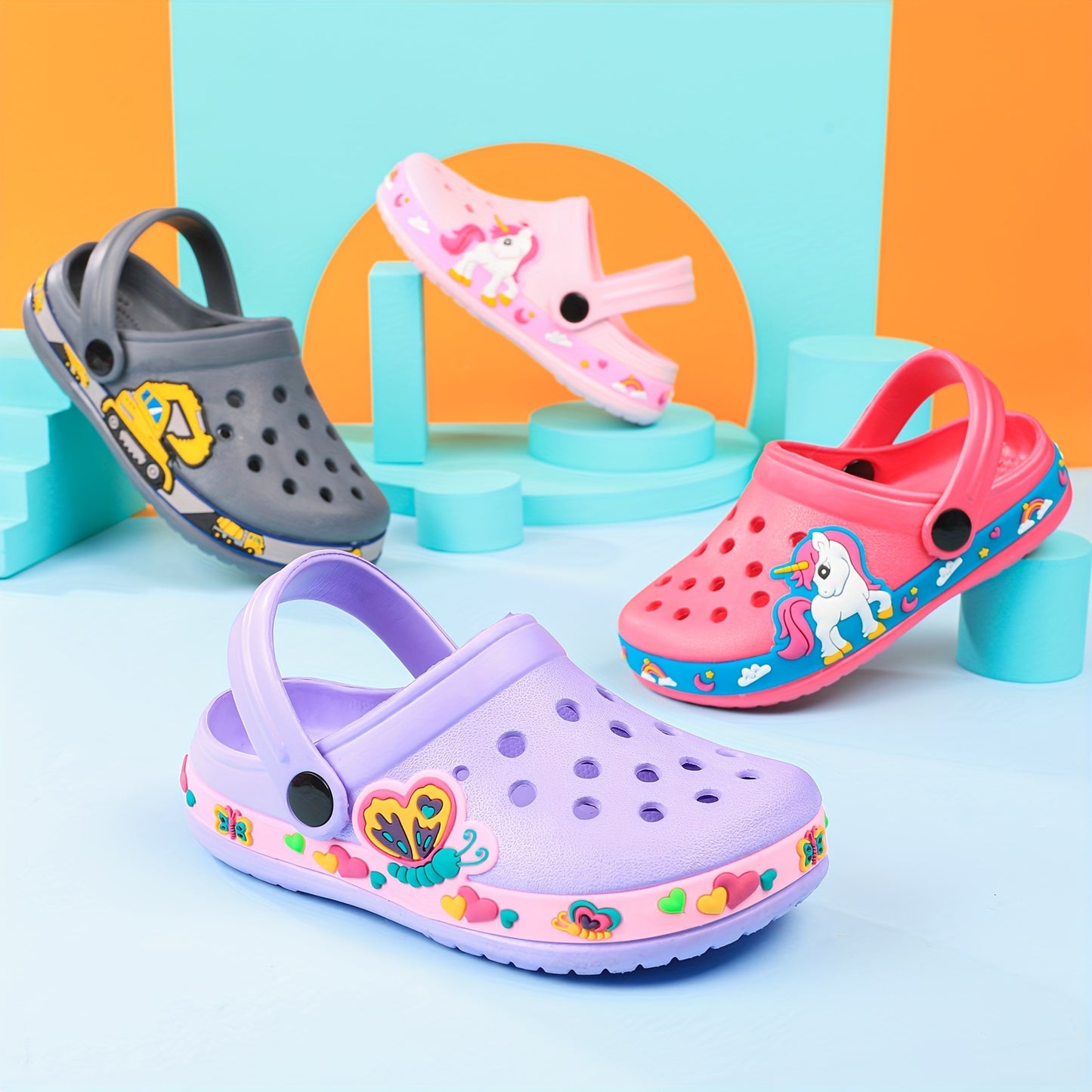 Toddler Girls Cute Cartoon Print Closed Toe Slip On Platform Clogs, Children's Casual Outdoor Anti-skid Hollow Out Sandals Beach Garden Shoes