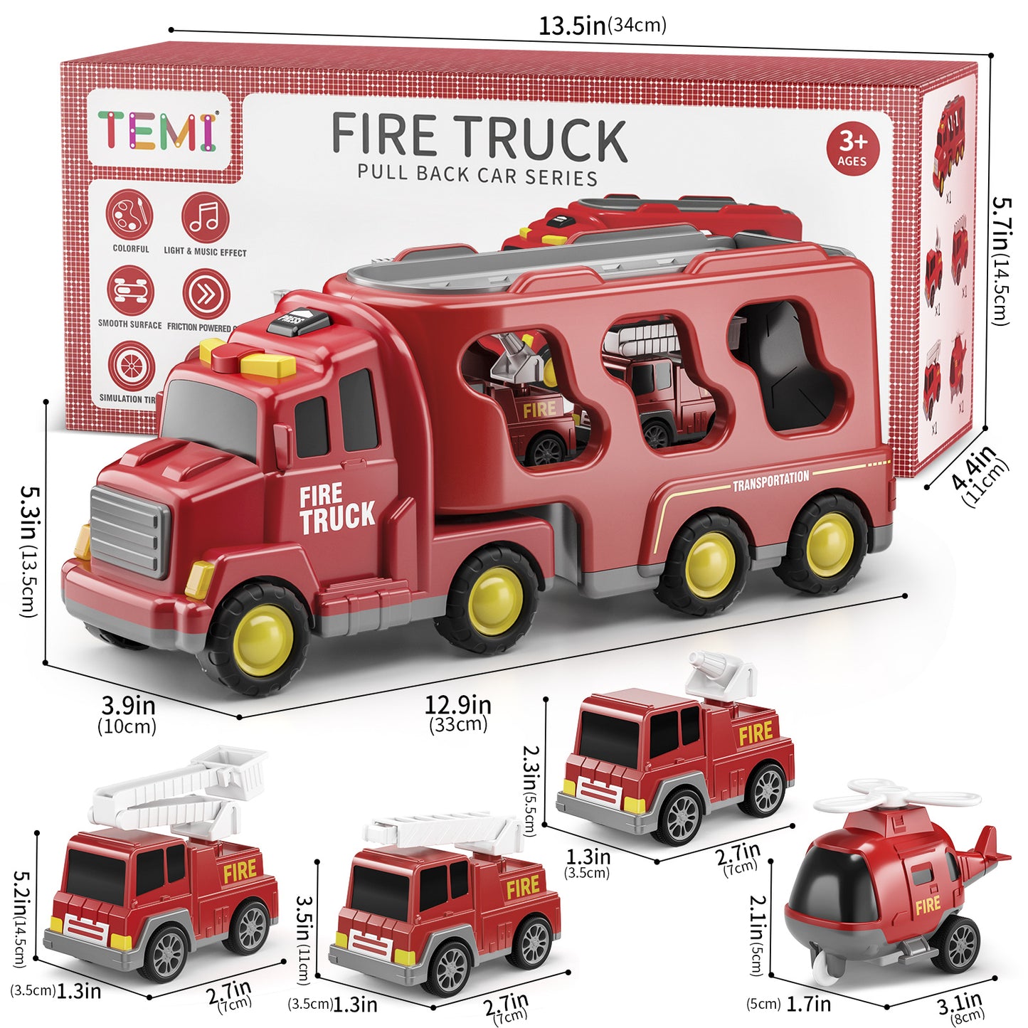 BABYHOME Toddler Fire Engine Toys, For Boys Girls - 5-In-1 Carrier Truck Transport Cars, Firefighter Vehicles For Kids, Christmas Birthday Gifts For Boys Girls